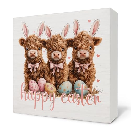 Easter Highland Cow Bunny Ears Wooden Box Sign, Farmhouse Cute Cow Happy Easter Eggs Wood Block Signs for Girls Room Dorm Apartment Desk Table Shelf Decor, 5x5 Inch - color: Easter Cow 01