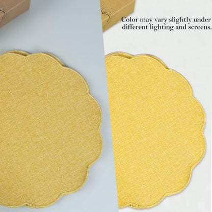 AHHFSMEI Round Scalloped Placemats Set of 6 15 Inch Faux Linen - color: Yellow