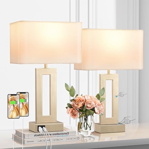 Gold Table Lamps Set of 2, 16.4" Bedside Lamps for Nightstand with USB C+A - color: A. White&Gold, size: Medium(16.4in)