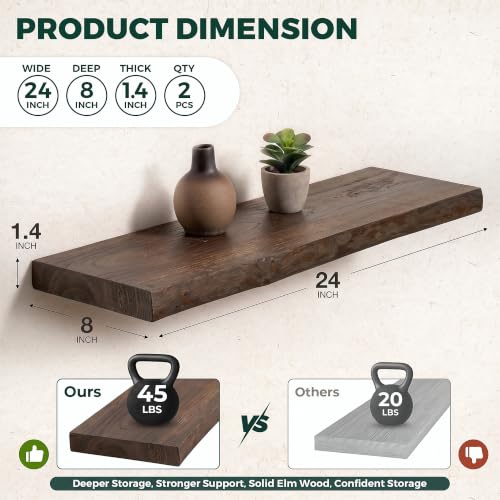 24in Live Edge Solid Elm Floating Shelves, Walnut, Set of 2 - color: Walut Color, size: Live Edge 24 inch, 2Packs