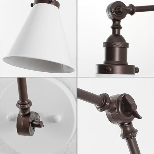 JONATHAN Y Rover 1-Light Wall Sconce 7", White/Oil Rubbed Bronze | Adjustable Arm, Hardwired Bedside Reading Swing Arm, Farmhouse Cone Shade, Metal Hardwired Indoor Fixture, LED Bulbs Included - color: White/Oil Rubbed Bronze, size: Set of 1
