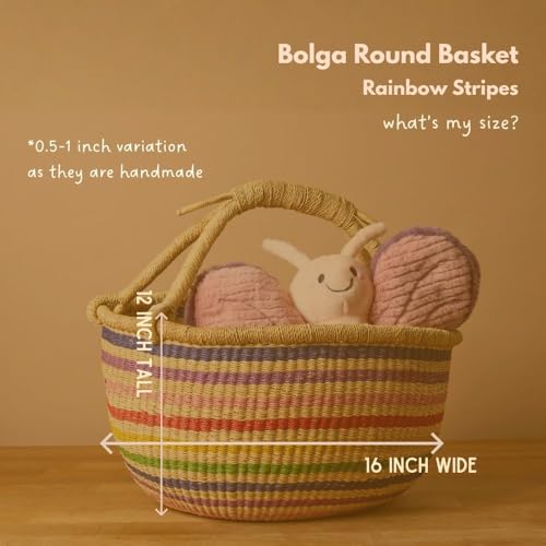 Large Rainbow Bolga Basket with Handle, African Woven Wicker Basket - color: Multicolor Stripes