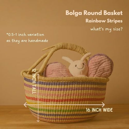 Large Rainbow Bolga Basket with Handle, African Woven Wicker Basket - color: Multicolor Stripes