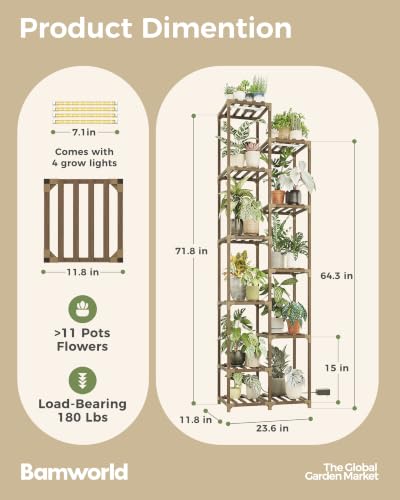 Bamworld Plant Stand with Grow Lights, 11 Tier Tall Large Wood Plant Shelf - color: Brown, size: 11 Tiers - Pro