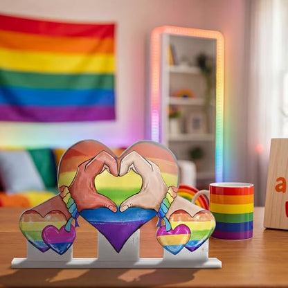 Smile Pride Month Wooden Tabletop Decor Rainbow Heart & Hand-Heart Desktop Plaques with Stands LGBTQ+ Indoor Home & Office Decor Gay Pride Gift Idea - style: Rainbow Heart