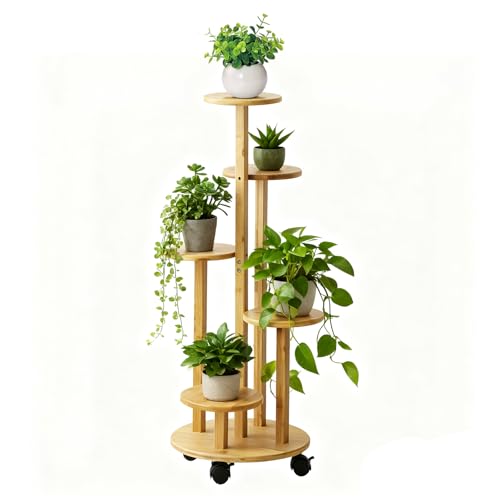 5 Tier Plant Stand Indoor Wood Shelf Corner Rack with Wheels, Wood Color