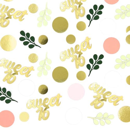 300PC Pink and Sage Green Sweet 16 Party Decorations for Girls 16th Birthday Confetti Sweet 16 Table Decorations Dots Eucalyptus Scatters for Sixteen Birthday Party Decor Supplies - style: Pink Sweet 16 Confetti