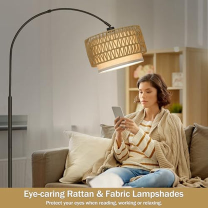Rattan Floor Lamp, Dimmable Arc Floor Lamps with Adjustable Head - color: Black Base with Rattan Shade