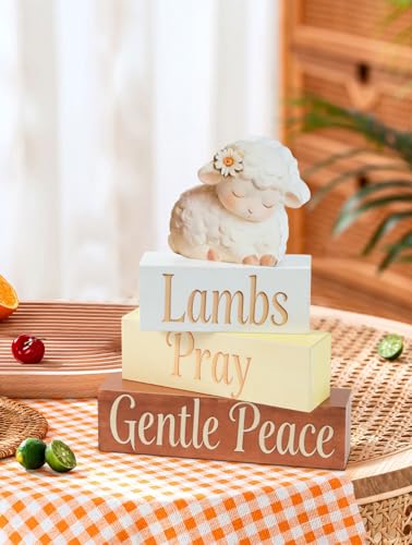 Easter Lamb Decor,Lambs Pray Gentle Peace Wooden Sign | Sleeping Sheep Farmhouse Decor | Christian Rustic Tabletop Shelf Decor for Home Living Room Bedroom - size: Lamb