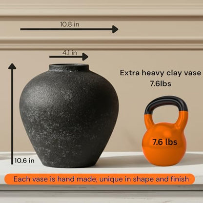 Handmade Large Rustic Ceramic Vase 10.6 inches Tall, Farmhouse - color: Black