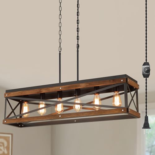 Rustic Farmhouse Plug in Kitchen Island Lighting, 6 Lights Rectangular Pendant Light Fixture with Adjustable Chain, Dimmable Switch, Oak Wood and Metal Linear Chandelier for Dining Room Home, Black - size: Large 6-Light Hanging Lamp
