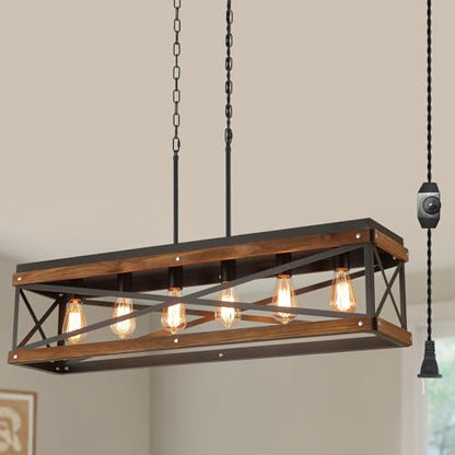 Rustic Farmhouse Plug in Kitchen Island Lighting, 6 Lights Rectangular Pendant Light Fixture with Adjustable Chain, Dimmable Switch, Oak Wood and Metal Linear Chandelier for Dining Room Home, Black - size: Large 6-Light Hanging Lamp