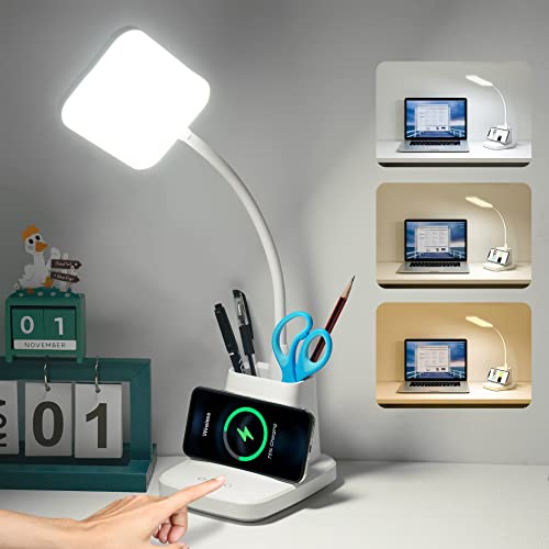 LED Desk Lamp with 10W Wireless Charging & Pen Holder, Snow White - color: Snow White
