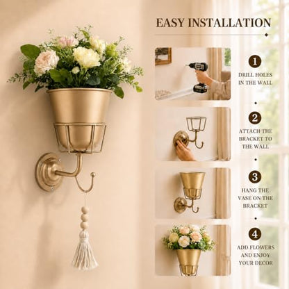 Gold Metal Wall Mounted Flower Vase for Faux & Fresh-Cut Flowers