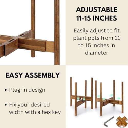 Fox & Fern Large Adjustable Plant Stand Indoor, Bamboo Stand, 11 - 15 Inch - color: Polished Bamboo, size: 11 - 15 Inch