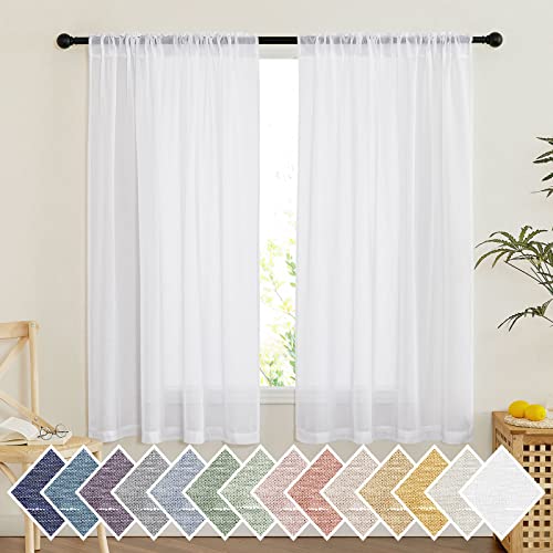 NICETOWN Bathroom Window Curtains, Rod Pocket & Back Tab Semi Sheer Linen Drapes Short Small Curtains Privacy with Light Filtering for Kitchen/Nursery, White, W52 x L54, 2 Panels - color: White, size: 52"W x 54"L (Pack of 2)