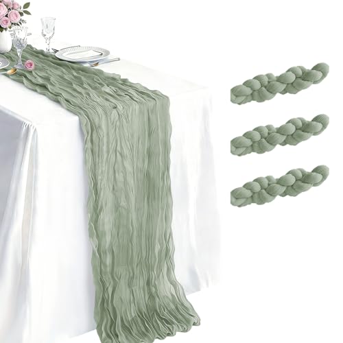 3 Pack Sage Green Cheesecloth Table Runner 21 x 120 Inch Boho Gauze Sheer Table Runner 10FT Long for Wedding Baby Shower Bridal Shower Easter Holiday Birthday Home Decor - color: Sage Green, size: 21"×120“-3pcs