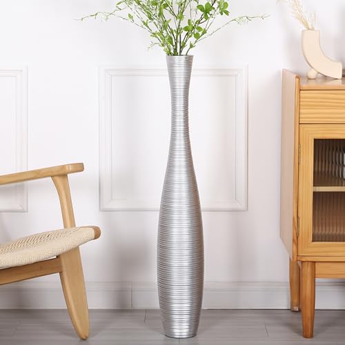Leewadee Large Floor Vase 34 inches Polyresin for Pampas Grass, Dried Flowers - color: Silver, size: 34 inches