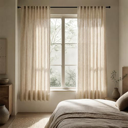 Warm Beige Sheer Linen Curtains for Living Room Bedroom 63 Inches Long - color: Warm Beige, size: 52"W x 63"L (Pack of 2)