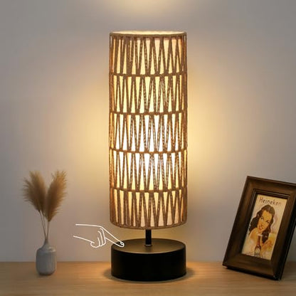 Rattan Table Lamp, Touch Control Bedside Table Lamp with Black Base, 3 Way Dimmable Nightstand Lamp with Dual-layer Shade, Boho Night Light for Bedroom Living Room Home Office, 9W LED Bulb Included - color: Black Base with Rattan Shade
