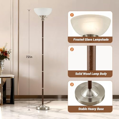 EJIAXIN 72" Wood Torchiere Floor Lamp with Glass Shade Walnut Standing Lamp - color: Walnut