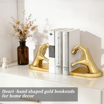 Book Ends for Shelves, Gold Heart Hands Decorative Bookends Book Holder for Bookshelf Decor, Unique Book Holders Heavy Duty Book Stopper Book Shelf Sculpture Aesthetic Decor for Rooms Office Home