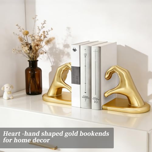 Book Ends for Shelves, Gold Heart Hands Decorative Bookends Book Holder for Bookshelf Decor, Unique Book Holders Heavy Duty Book Stopper Book Shelf Sculpture Aesthetic Decor for Rooms Office Home