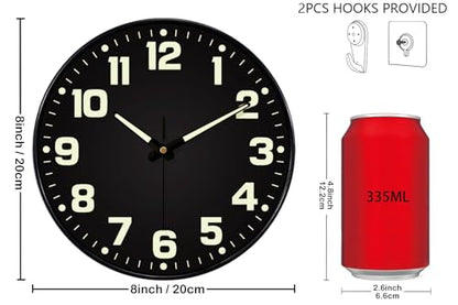 Glow in The Dark Wall Clock, 8" Silent Non-Ticking Wall Clocks Battery Operated, Large Easy Read Numbers Tempered Glass Night Light Analog Clock for Bedroom Living Room Kitchen Office, Black - color: Black Green, size: 8 Inch