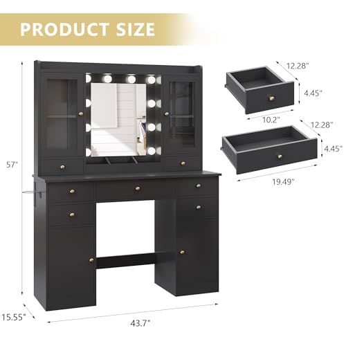Xixini 44" Vanity Desk with Mirror & Lights, Glass Storage Cabinets, Black - color: Black