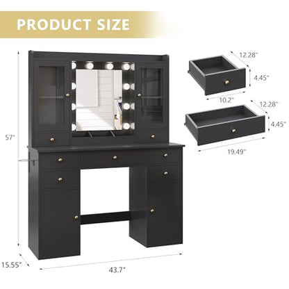 Xixini 44" Vanity Desk with Mirror & Lights, Glass Storage Cabinets, Black - color: Black