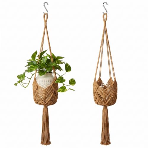 Boho Macrame Plant Hanger with Hooks, Rope Hanging Baskets for Plants - color: Brown 2pack Pots Not Included