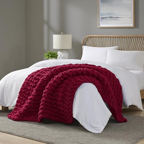 Madison Park Chenille Chunky Knit All Season Throw Blanket, 50 x 60, Red - color: Red