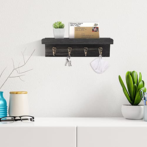 Key Holder Wall Mount, Farmhouse Wall Shelf with 4 Hooks for Entryway - color: Black - Pine