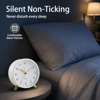 JALL Analog Alarm Clock, 4 inch Super Silent Non Ticking Small Clock with Night Light, Battery Operated, Simple Design, Easy Setting for Office, Bedroom, Bedside, Desk, Teens, Elders, Adult, White - color: White