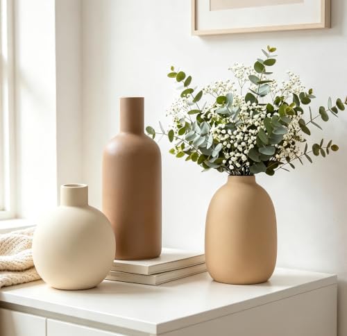 Large Ceramic Vase Set of 3, Brown Rustic Vases Home Decor Waterproof - color: 3pcs-neutral Large