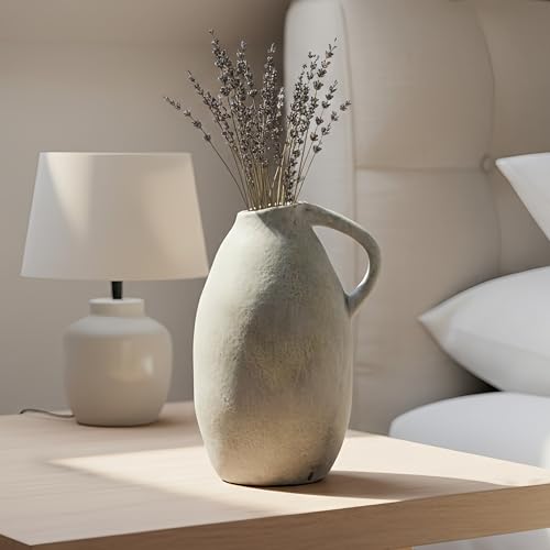 Rustic Ceramic Vase with Handle, 10.3 Inch, Handmade Decor - color: White Gray