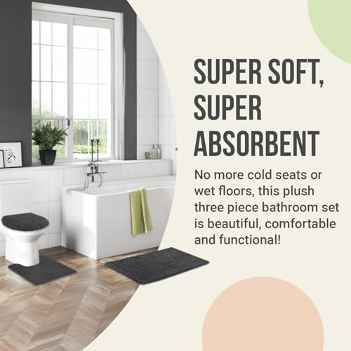 ITSOFT Standard 3pc Non-Slip Shaggy Chenille Bathroom Mat Set, Includes 24"x21" U-Shaped Contour Toilet Rug, 34"x21" Inches Bathmat and 1 Toilet Lid Cover, Beige - color: Beige, size: 24''x21’’, 34’’x21’’ and TLC (Set)