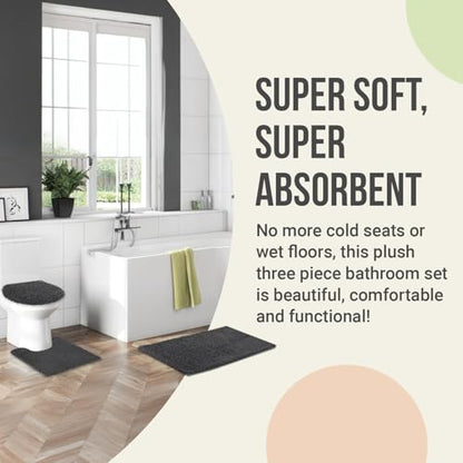 ITSOFT Standard 3pc Non-Slip Shaggy Chenille Bathroom Mat Set, Includes 24"x21" U-Shaped Contour Toilet Rug, 34"x21" Inches Bathmat and 1 Toilet Lid Cover, Beige - color: Beige, size: 24''x21’’, 34’’x21’’ and TLC (Set)