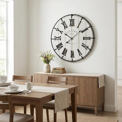 EMAX HOMELarge 24 Inch Farmhouse Style Wall Clock, Distressed Wood Look, Non-Ticking Quartz Movement, Classic Black Roman Numerals and Metal Frame, for Living Room Wall, Bedroom - color: White, size: 24 Inch Roman numerals