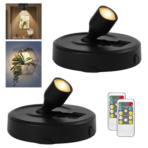 RAHAN 2Pack Battery Powered LED Spotlight Picture Light, Indoor Uplighting with Remote, Picture Frame Lights, Art Display Puck Lights for Dartboard Portrait Paintings Artwork - color: Black
