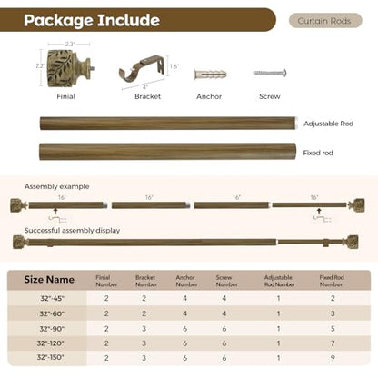 Boho Wood Curtain Rods for Windows 32 to 90 Inch, 1" Adjustable Heavy Duty Window Curtain Rod with Imitation Wooden Grain Leaf Finials, Farmhouse Drapery Rods, Size 32"-90", Dark Weathered Wood - color: Dark Weathered Wood, size: 32" to 90"
