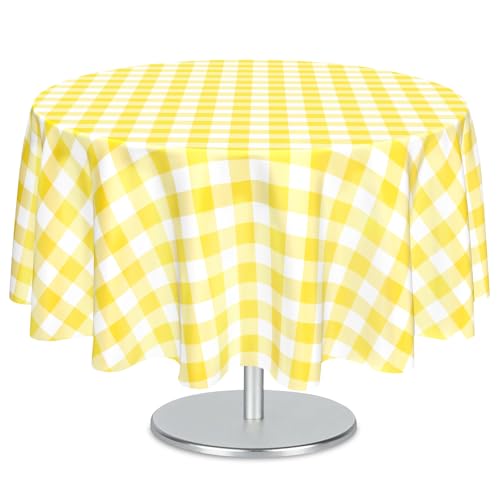 Mulbozy 2 Pcs Yellow Gingham Round Plastic Tablecloth Disposable, 84 inch - color: Checkered-yellow, size: 84" Round