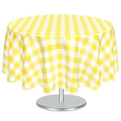 Mulbozy 2 Pcs Yellow Gingham Round Plastic Tablecloth Disposable, 84 inch - color: Checkered-yellow, size: 84" Round