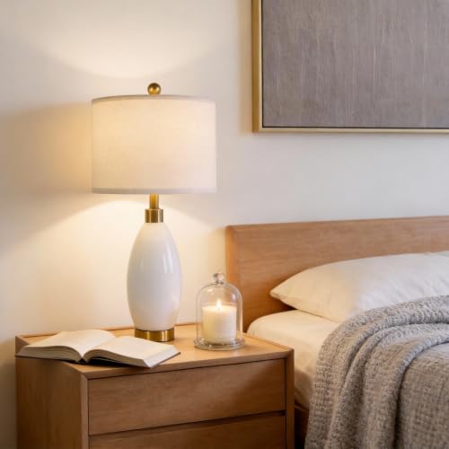 USumkky 24" White Oval Ceramic Table Lamp Set of 2, Modern Minimalist Bedside Nightstand Lamps for Bedroom Living Room, Linen Shade & Gold Metal Base, Rotary Switch E26 (Bulbs Excluded) - color: 24" Teardrop-2 Pack