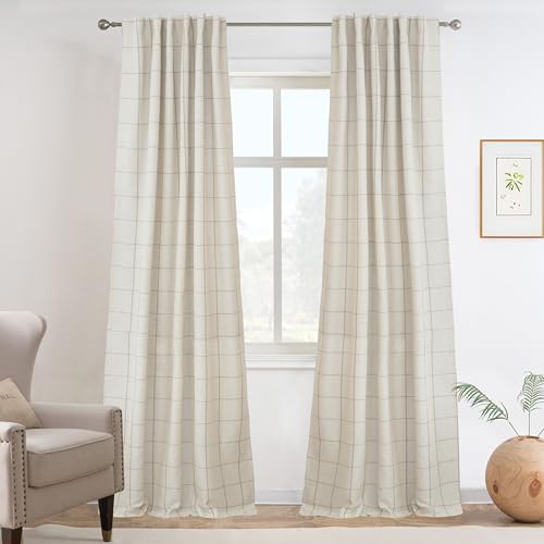 DriftAway 100% Blackout Plaid Linen Curtains 108 Inches Long 2 Panels Taupe - color: Taupe, size: 52"W x 108"L (Pack of 2)
