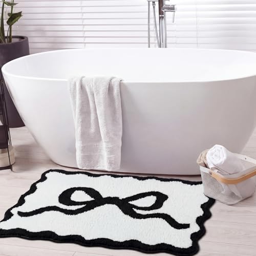Tinideya Black Bow Bathroom Rug 36" x 24" Scalloped Bow Bath Mat - color: Black, size: 36" x 24" (Rectangular)