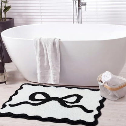 Tinideya Black Bow Bathroom Rug 36" x 24" Scalloped Bow Bath Mat - color: Black, size: 36" x 24" (Rectangular)