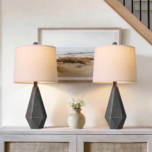 PoKat 23.5'' Farmhouse Table Lamps Set of 2, Rustic Nightstand Lamps for Bedroom, Classic Bedside Lamps for Living Room Office Sideboard with Linen Shade Distressed (Deep Grey) - color: Medium - Deep Grey