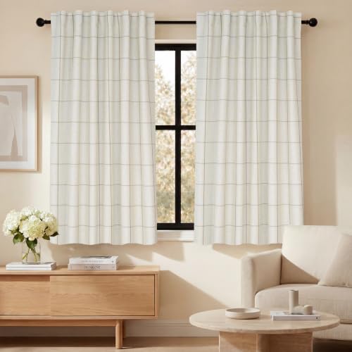 DriftAway 100% Blackout Windowpane Plaid Linen Curtains 45 Inches Taupe - color: Taupe, size: 52"W x 45"L (Pack of 2)
