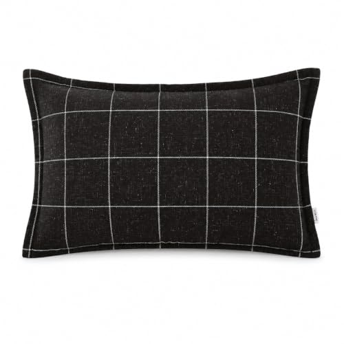 Pure Linen Plaid Throw Pillow Covers 12x20, Set of 2, Black - color: Black, size: 12x20inch